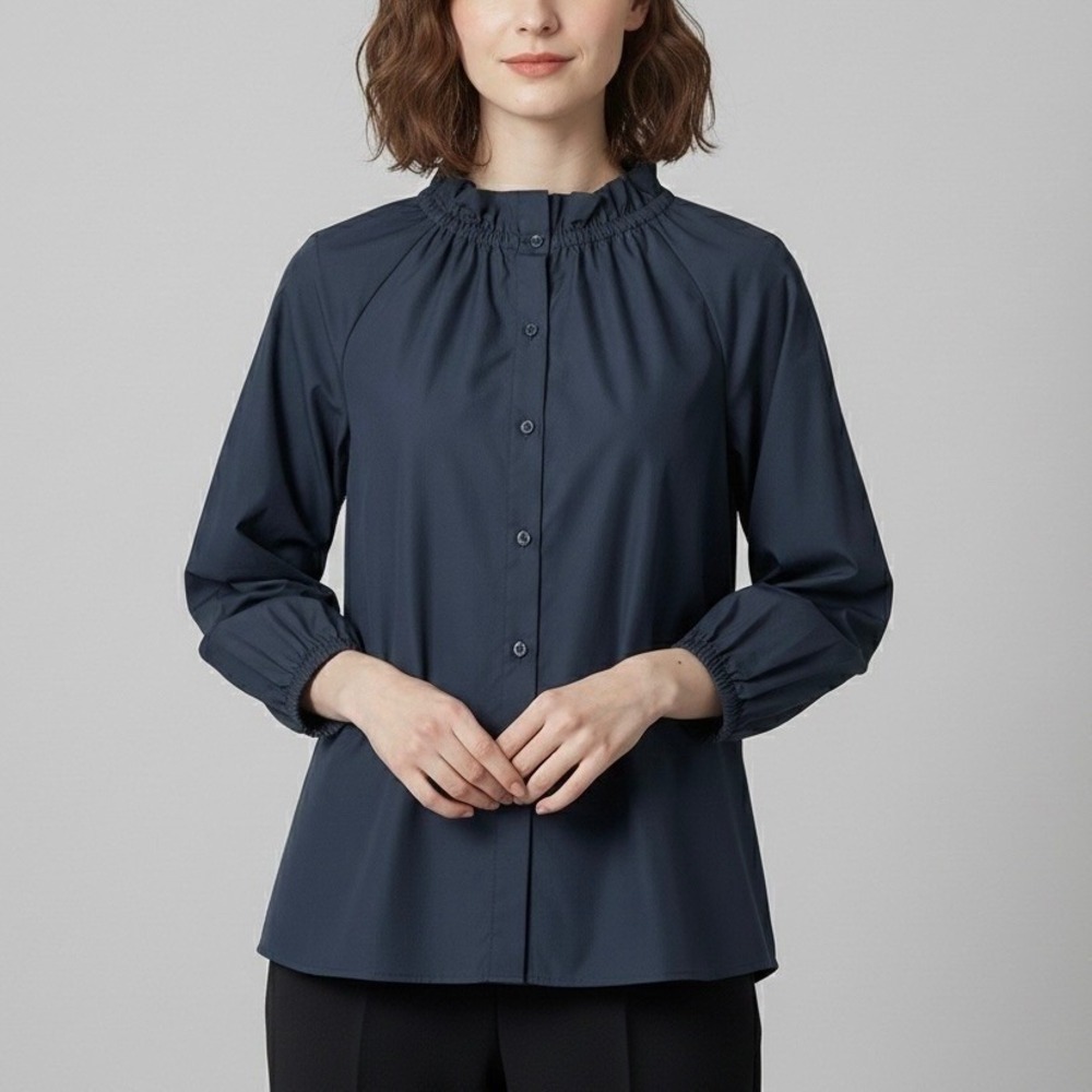 Ann Mashburn Navy Cotton Poplin Ruffle Neck Button Front Blouse Size XS